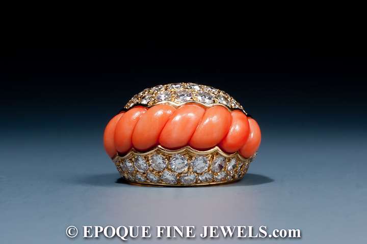 A very fine coral and diamond cocktail ring